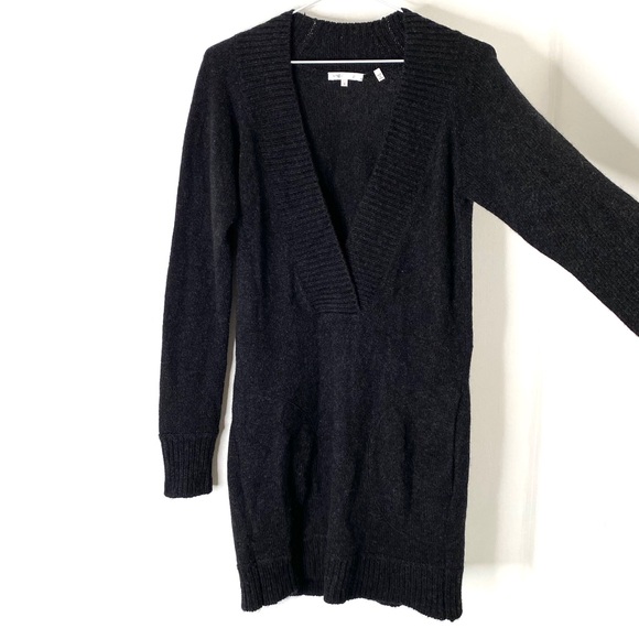 Vince Cashmere Alpaca Wool Black Rib V-Neck Long Sleeve Knit Sweater Dress - Picture 2 of 11